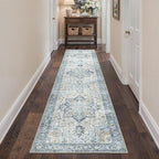 Runner Rug 2'6''x10, Non Slip Vintage Hallway Runner Rugs, Low Pile Lightweight Machine Washable Mat for Hallway, Entryway, Bedroom, Kitchen and Corridor, Blue