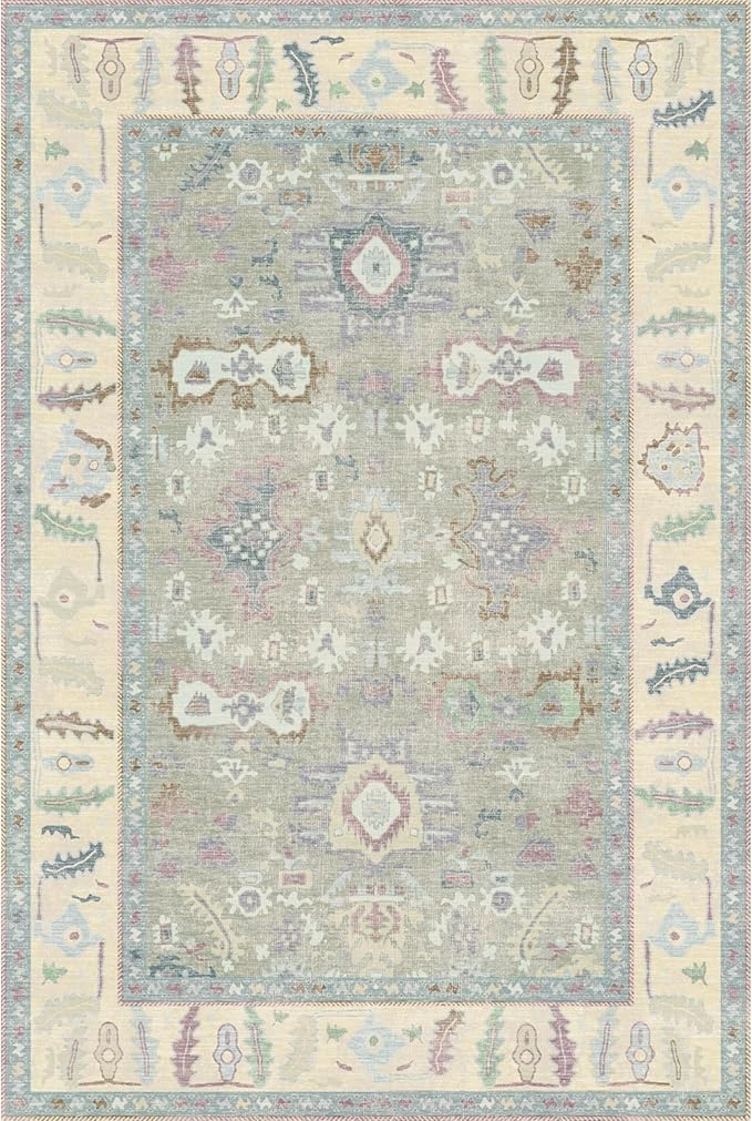 Kuden 8x10 Large Area Rug, Machine Washable Area Rug with Non-Slip Backing, Vintage Style, Soft, Easy Clean, Low Pile Rug for Living Room, Bedroom, Dining Room