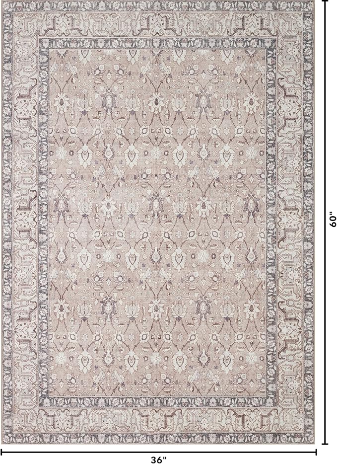 Kuden 3x5 Small Rug, Machine Washable, Non-Slip Backing, Vintage Style, Soft, Low Pile, Area Rugs for Entryway Kitchen Indoor Entrance