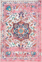 GLN Rugs Traditional Collection - Machine Washable Area Rug, Traditional Washable, Non Slip, Low Pile Chenille Rug, Living Room, Bedroom, Kitchen Rug (9' x 12' Pink/Multicolor)