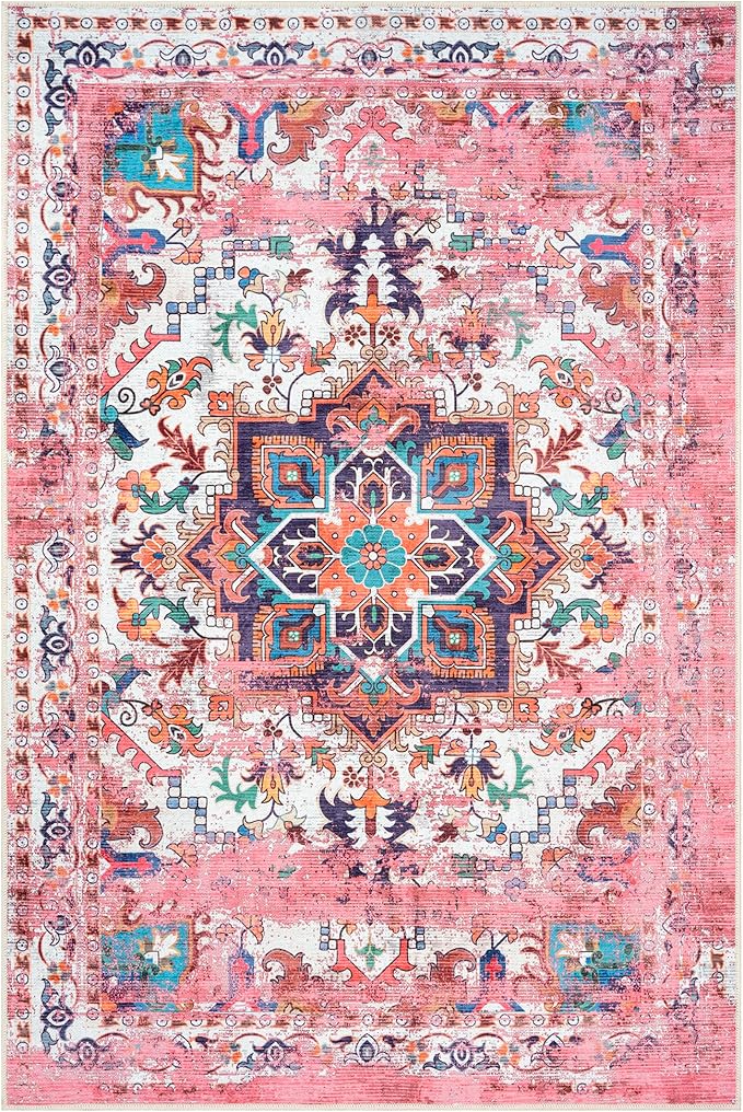GLN Rugs Traditional Collection - Machine Washable Area Rug, Traditional Washable, Non Slip, Low Pile Chenille Rug, Living Room, Bedroom, Kitchen Rug (3' x 5' Pink/Multicolor)