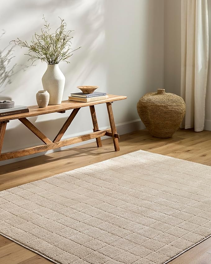 Livabliss x Our PNW Home Cascade Minimalist Grid Area Rug, 9'2" x 12', Light Beige