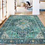 Moynesa Ultra-Thin Washable Vintage Area Rug - 6x9 Teal Large Dining Room Rug for Bedroom, Non-Shed Living Room Mat, Indoor Oriental Medallion Hardwood Floor Carpet for Office Home Decor
