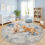 8ft Washable Round Rug - 8x8 Area Rugs Modern Abstract Rugs for Living Room Non-Slip Low Pile Soft Machine Washable Carpet for Bedroom, Living Room, Dining Room, Nursery, Farmhouse (8'x8' Beige Blue)