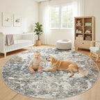 6ft Washable Round Rug - 6x6 Area Rugs Modern Abstract Rugs for Living Room Non-Slip Low Pile Soft Machine Washable Carpet for Bedroom, Living Room, Dining Room, Nursery, Farmhouse (6'x6' Tan Blue)