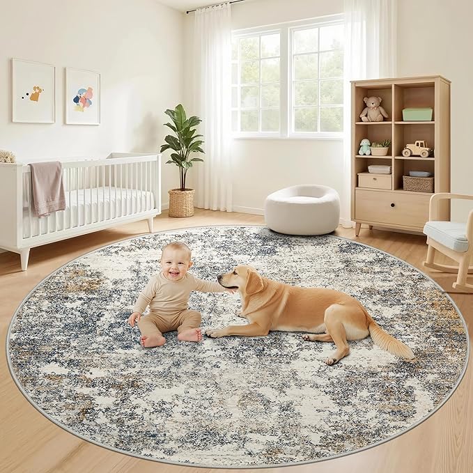 6ft Washable Round Rug - 6x6 Area Rugs Modern Abstract Rugs for Living Room Non-Slip Low Pile Soft Machine Washable Carpet for Bedroom, Living Room, Dining Room, Nursery, Farmhouse (6'x6' Tan Blue)