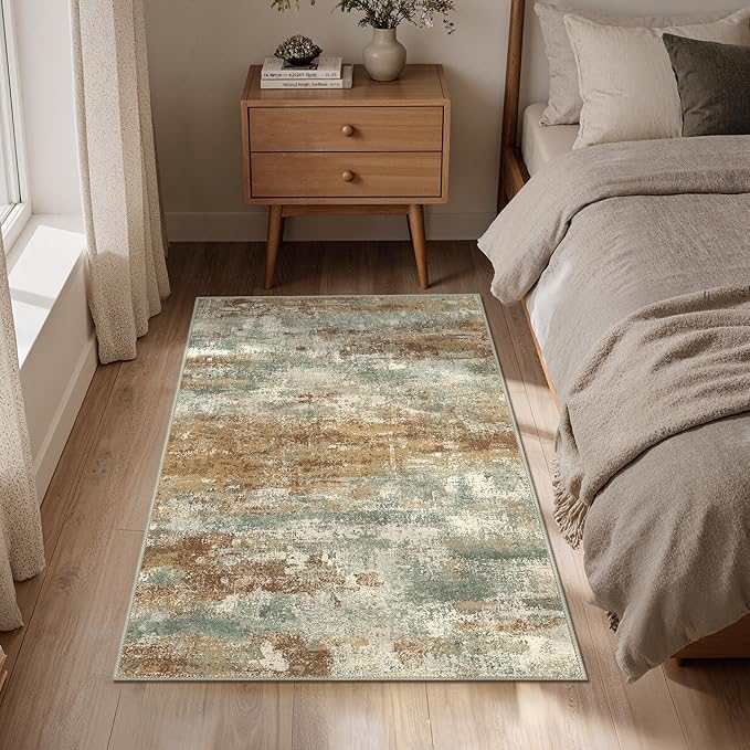 GENIMO 3x5 Rug for Entryway Washable Area Rug, Modern Abstract Small Rugs for Entrance Living Room, Bedroom Beside Rugs, Non-Slip Low Pile Lightweight Soft Carpet, Orange Green