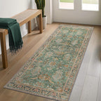 2x5 Hallway Runner Rugs Non Slip Washable Runner for Entryway Bathroom Kitchen Bedroom, Boho Green Runner, Thin Low Pile Chenille Carpet with Rubber Backing, Dark Sage/Gold