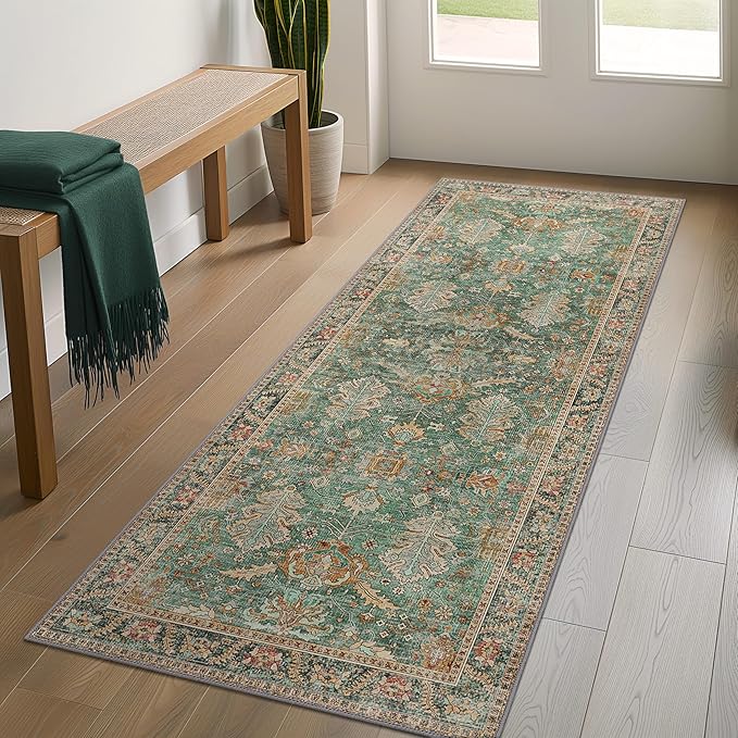 3x5 Rug Washable Small Area Rug Non Slip for Entryway Bedroom Bathroom Kitchen, Boho Green Rug, Thin Low Pile Foldable Carpet, Vintage Farmhouse, Dark Sage/Gold