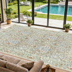 Area Rug for Living Room, 10x12 Large Washable Rugs for Dining Room, Bedroom, Non Slip Stain Resistant Carpet, Low Pile Vintage Floral Rug (Beige Blue)