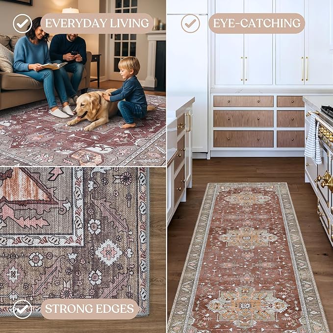 Washable Area Rug. Modern Farmhouse. Vintage. Turkish. Bohemian. Distressed. Oriental. Traditional. Rugs for Living Room. Dining. Bedroom. Office. Entryway. Foyer. (857RB, 7'5" x 9'8")