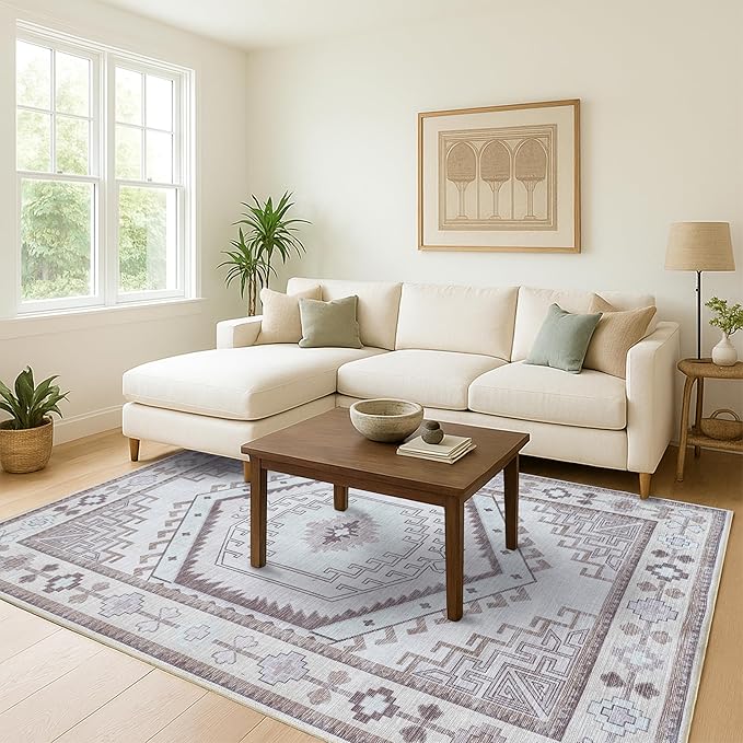 Fame Living Washable Area Rug. Modern Farmhouse. Vintage. Turkish. Bohemian. Distressed. Oriental. Traditional. Rugs for Living Room. Dining. Bedroom. Office. Entryway. Foyer. (856BrC, 9' x 12')
