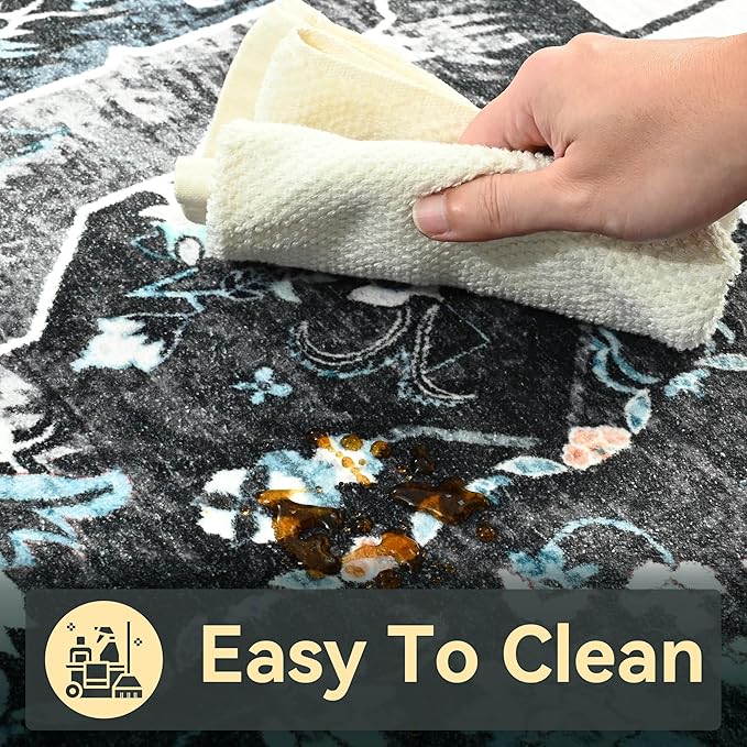 YJ.GWL Area Rugs for Living Room 4x6 Machine Washable Rugs for Bedroom, Non Slip Floral Vintage Rug Indoor Carpet, Stain Resistant Throw Rug for Dining Room Kitchen, Black Grey Blue