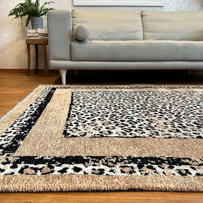 Alfa Rich 5x8 Leopard Beige Black Washable Area Rugs for Living Room Bedroom Reversible Cotton Rug