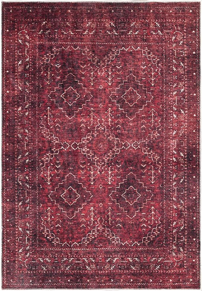 Bloom Rugs Washable Non-Slip 4' x 6' Rug - Dark Red Traditional Bordered Area Rug for Living Room, Bedroom, Dining Room, and Kitchen - Exact Size: 4' x 6'