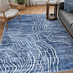 LIVEBOX Machine Washable Modern Abstract 6x9 Area Rug, Non Slip Large Bedroom Living Room Nursery Girl Rug Minimalist Wave Striped Neutral Boys Rug, Carpet for Dining Room Playroom(Navy Blue,6'x9')