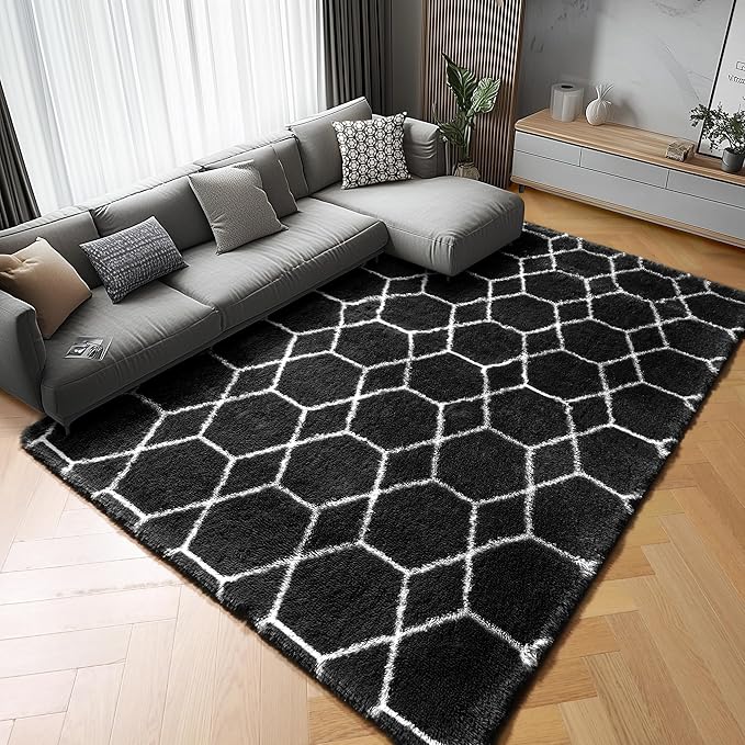 ONASAR Area Rugs for Living Room Bedroom, 5x8 Washable Fluffy Black and White Rug, Geometric Boho Soft Plush Shaggy Fuzzy Floor Carpet for Nursery Kids Girls Boys Teen Dorm Home Decor Aesthetic