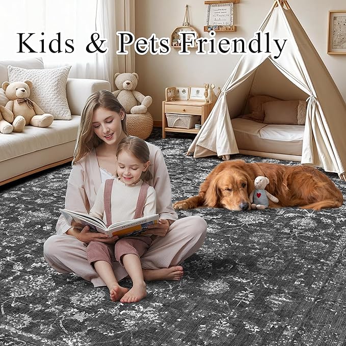 Washable Area Rug 2.6x8 Black Runner Rugs for Living Room, Vintage Boho Hallway Large Rug for Bedroom Dining Room Office, Distressed Floral Carpet for Under Table, Soft Non Slip Low Pile Throw Carpet