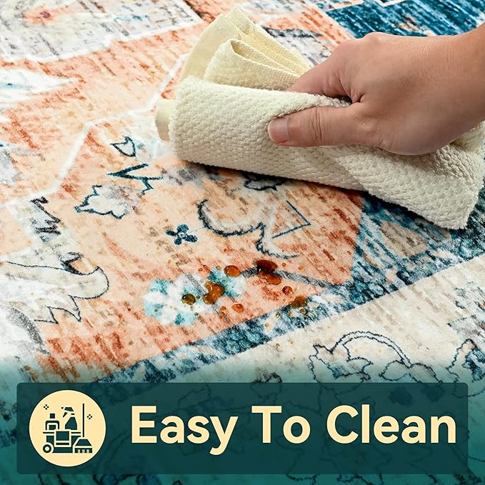 YJ.GWL Area Rugs for Living Room 6x9 Machine Washable Rugs, Non Slip Floral Vintage Rug Indoor Carpet, Stain Resistant Large Rug for Bedroom Dining Room, Dark Blue