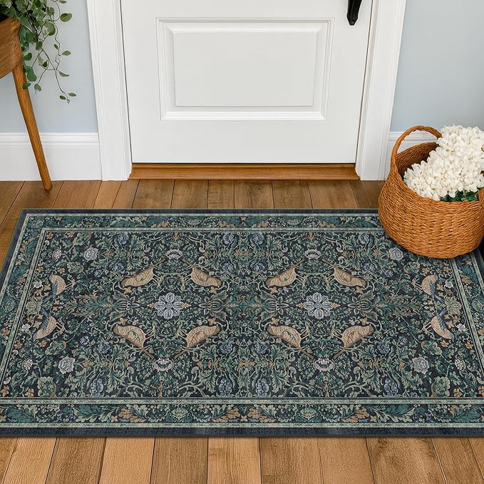 Washable Floral Small 2x3 Dark Blue Entryway Rugs Indoor, Botanical Bird Kitchen Floor Mats, Non-Slip & Soft Boho Carpet for Bathroom, Low Pile Stain Resistant Throw Rugs Bedroom