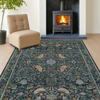 Cottagecore 5x7 Blue Rugs for Bedroom, Washable Forest Area Rug for Dining Room Under Table, Carpet for Living Room, Non Slip & Low Pile Soft Rug (Navy Blue & Deep Teal)