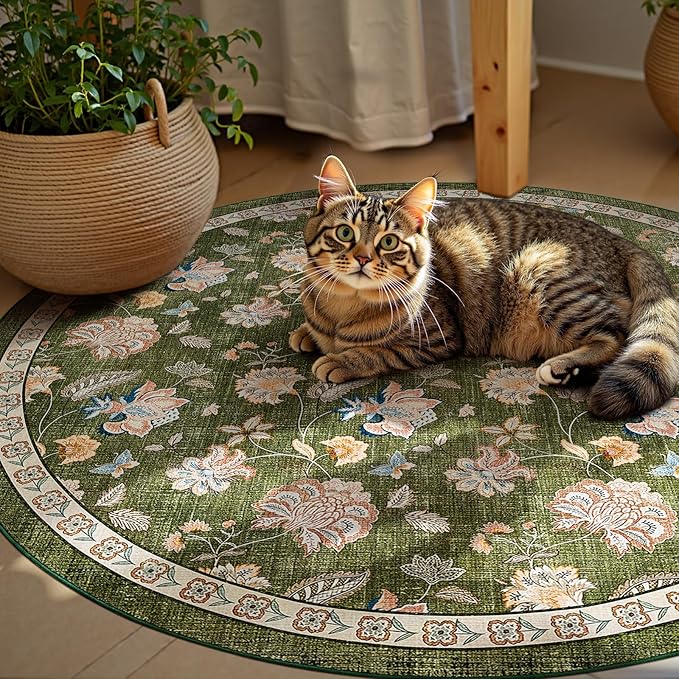 jinchan Elora 4ft Floral Round Rug for Entryway Washable Kitchen Rug Vintage Romance Design Non Slip Indoor Doormat Lightweight Low-Profile Throw Carpet for Living Room Dining Room Bedroom, Green