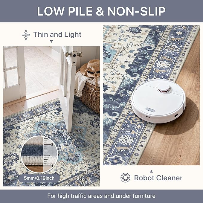 2'6''x8 Runner Rugs for Hallway, Machine Washable Non Slip Vintage Rugs, Low Pile Lightweight Soft Print Rug for enrtyway, Corridor, Home Office, Kitchen, Center Blue