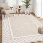 Small Bedroom Area Rug 3x5 Checkered Area Rug for Living Room Nursery Non Slip Kitchen Throw Carpet Low Pile Modern Bordered Rugs Washable Bathroom Mat Soft Brown Rugs for Laundry Entryway, Beige