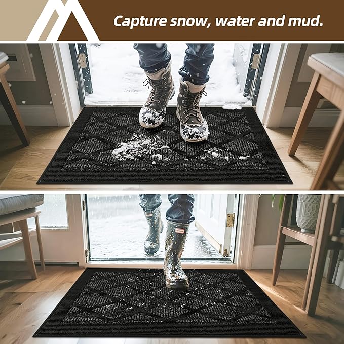 COSY HOMEER Non-Slip Door Mat 20"x32", Entryway Rugs Low Profile Absorbent Dirt Trapper Doormat for Front Entrance, Washable Polypropylene Entry Mat (Black)