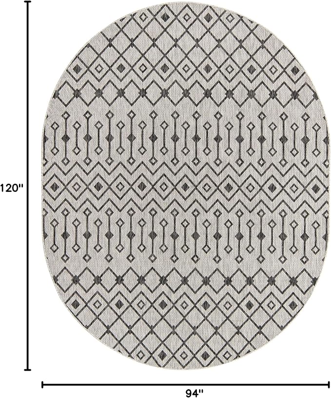 Unique Loom Outdoor Trellis Collection Area Rug - Tribal Trellis (7' 10" x 10' Oval, Gray/ Black)