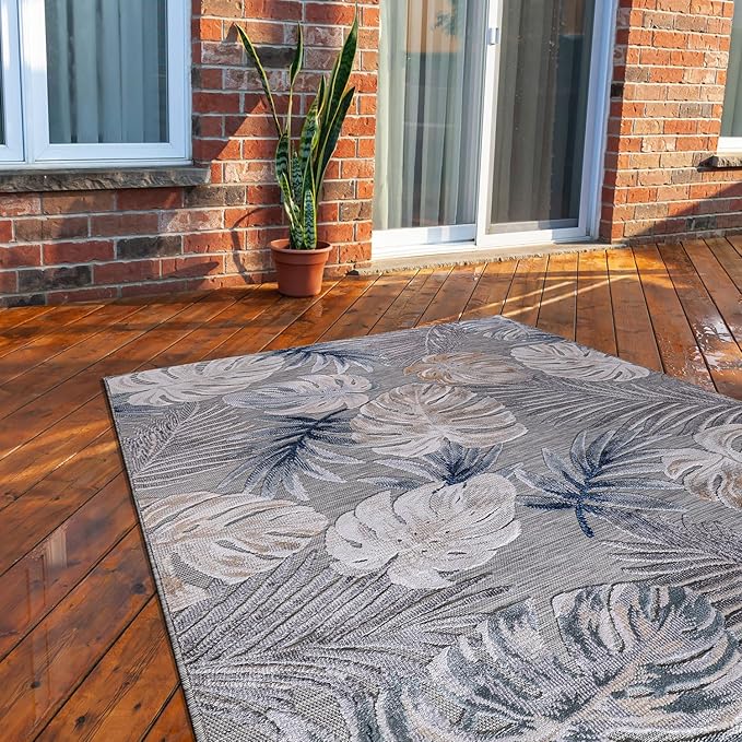 CAMILSON Indoor Outdoor Rug, Blue 6’x9’ Leaf Tropical Botanical Area Rugs for Indoor and Outdoor patios, Easy-Cleaning Non-Shedding Living Room, Garden and Kitchen Washable Outside Carpet (6x9)
