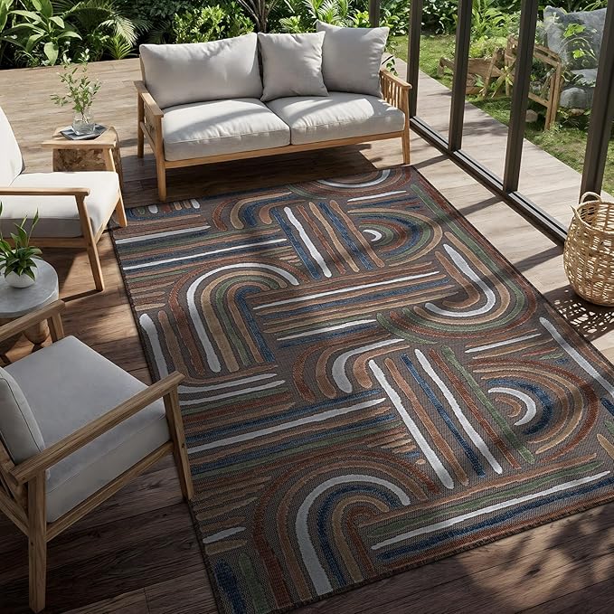 CAMILSON Indoor Outdoor Rug, Brown 6x9 Geometric Arch Striped Area Rugs for Patio and Home Areas, Easy-Cleaning Non-Shedding Living Room, Garden and Deck Washable Outside Carpet (6 x 9)