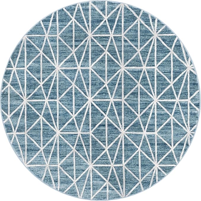 Rugs.com Lattice Trellis Collection Rug – 8 Ft Round Blue Low-Pile Rug Perfect for Kitchens, Dining Rooms