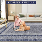 GarveeHome 10x13 Large Washable Geometric Area Rug Non Slip Non Shedding Floor Carpet, Modern Bordered Distressed Navy Blue Indoor Printed Rug for Living Room, Bedroom, Office