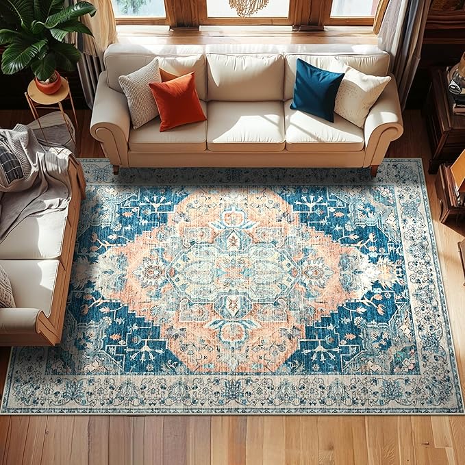 YJ.GWL Area Rugs for Living Room 8x10 Machine Washable Rugs, Non Slip Floral Vintage Rug Indoor Carpet, Stain Resistant Large Rug for Bedroom Dining Room, Dark Blue
