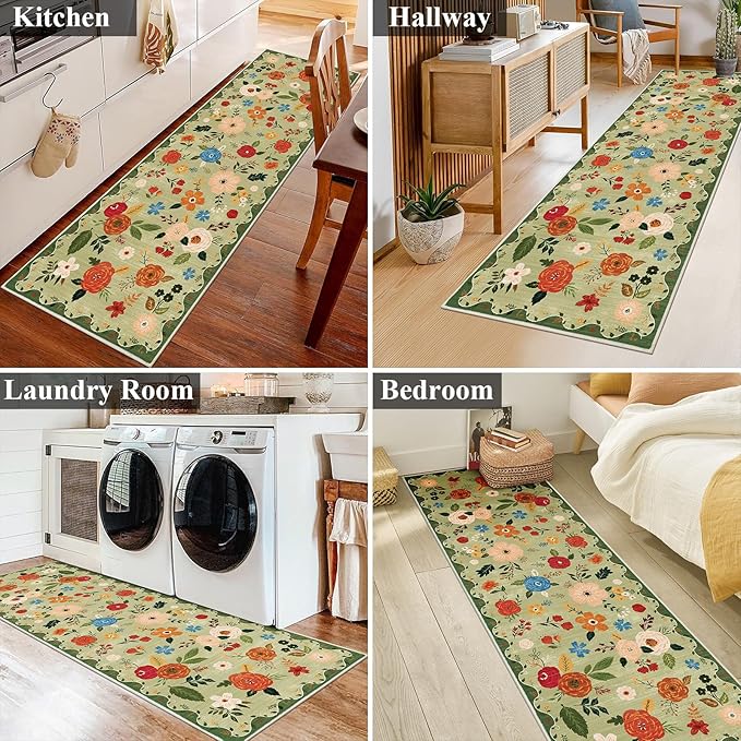 U'Artlines 2'x6' Boho Runner Rug for Hallways Kitchen Colorful Floral Soft Non Slip Washable Floor Carpet Runners for Entryway Laundry Room Bathroom Green