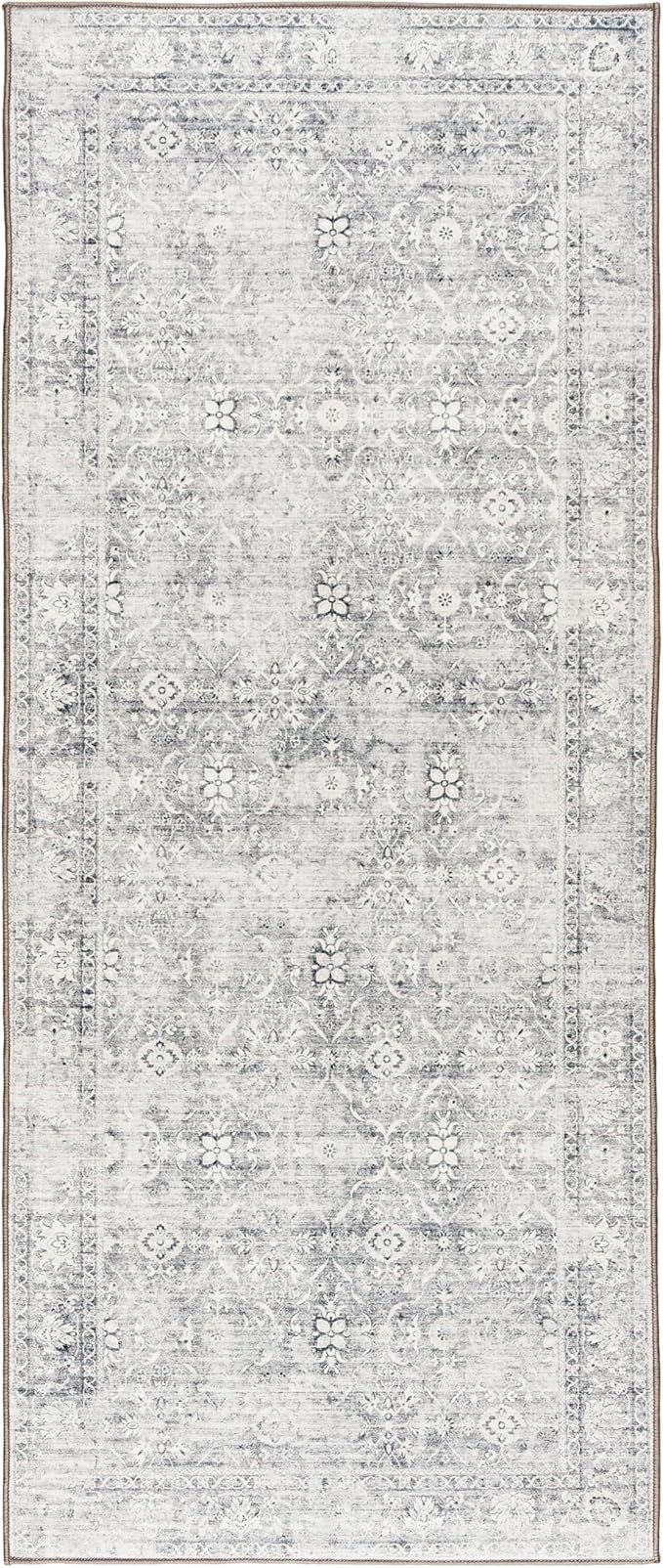 ReaLife Rugs Machine Washable Area Rug Runner - Living Room Bedroom Bathroom Kitchen Entryway Office - Padded Low Pile Stain Resistant Premium - Boho Farmhouse Vintage - Noor - Silver Ivory 2'6" x 8'