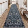 Washable Runner Rug 2x12: Vintage Boho Floral Carpet Runners for Hallway Entryway Non-Slip - Soft Botanical Low Pile Thin Mat for Kitchen Bathroom Bedroom Laundry Floor Decor - Slate Blue