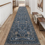 Washable Runner Rug 2x12: Vintage Boho Floral Carpet Runners for Hallway Entryway Non-Slip - Soft Botanical Low Pile Thin Mat for Kitchen Bathroom Bedroom Laundry Floor Decor - Slate Blue