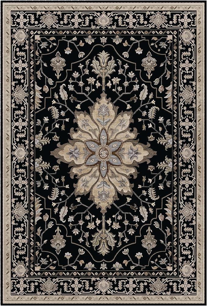 Area Rugs 3'x6' Washable Non-Slip, Floral Vintage Distress Print Pattern Medallion Carpet for Living Room Bedroom Dining Room, Black Brown Neutral Dark Tan
