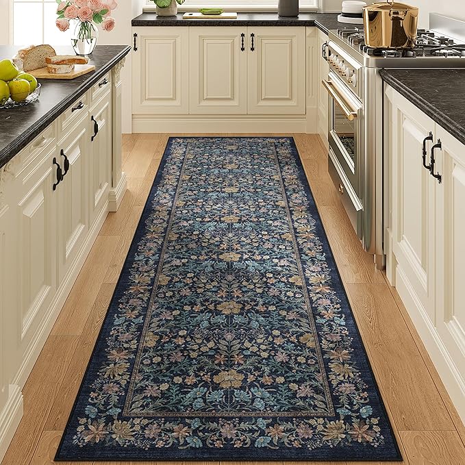 DOKINO 2x10 Runner Rug for Hallway, Vintage Washable Long Kitchen Rug with Low Pile Design, Floral Non Slip Soft Carpet Runner for Hallway, Kitchen, Bathroom, Bedroom, Dark Blue
