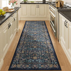 DUKINO 2.6x8 Runner Rug for Hallway, Washable Vintage Floral Kitchen Rug with Non Slip Backing, Soft Low Pile Throw Carpet Runner for Kitchen, Laundry, Hallway, Bathroom, Dark Blue
