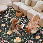 Black Rug Bow Floral Rug for Girls, 5x7 Washable Area Rugs for Bedroom Living Room, Kitchen,Dining Room,Kids Room,Playroom, Cute Ultra-Thin Non Slip Low Pile Indoor Carpet