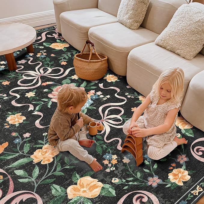 Black Rug Bow Floral 8x10 Rug, Washable Area Rugs for Bedroom Living Room, Dining Room,Kids Room, Office,Playroom, Boho Modern Aesthetic Farmhouse Decor Non Slip Low Pile Carpet
