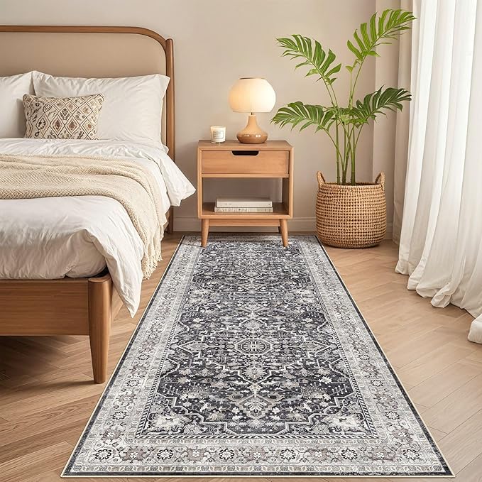 Runner Rug Kitchen Washable Rugs: 3x8 Non-Slip Boho Vintage Distressed Stain Resistant Indoor Floor Moody Oriental Throw Carpet for Hallway Bathroom Laundry Room Entryway Bedroom- Black