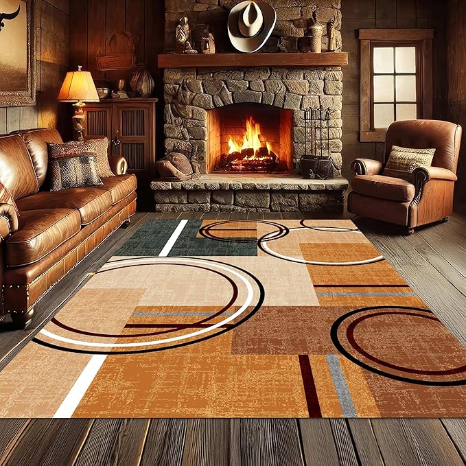 Modern Wavy Circles Area Rug 7x10ft, Geometric Design Low Pile Carpet, Soft & Non-Slip Washable Mat for Living Room, Bedroom, Dining Room