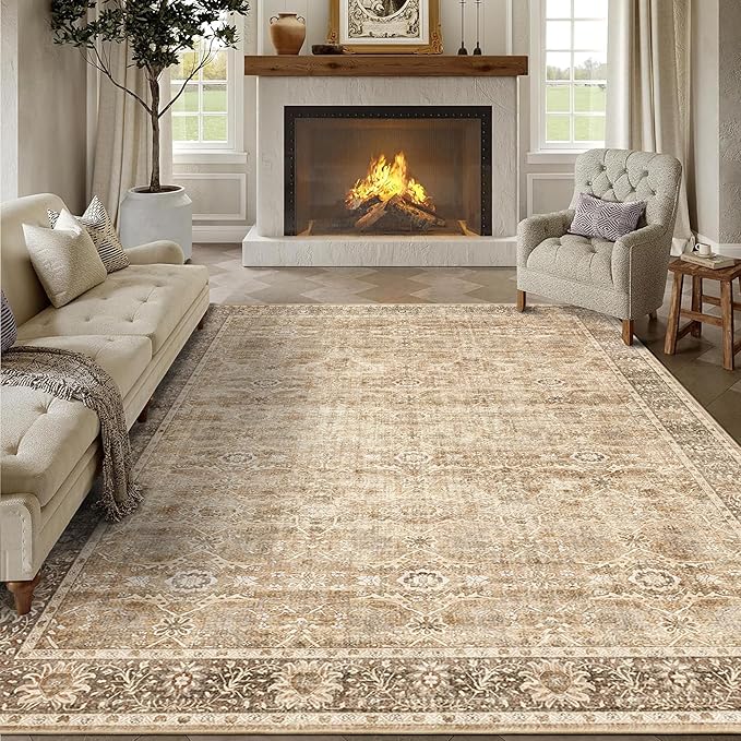 5x7 Beige Washable Rug for Living Room Large Vintage Distressed Bedroom Rug Low Pile Non-Slip Soft Boho Carpets for Bedroom Dining Room Home Office Indoor Nursery