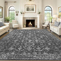 Washable Area Rug 8x10 Black Rugs for Living Room, Vintage Boho Large Rug for Bedroom Dining Room Office, Distressed Floral Print Carpet for Under Table, Soft Non Slip Low Pile Throw Carpet Indoor Mat