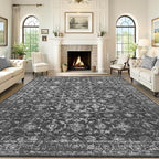 Washable Area Rug 8x10 Black Rugs for Living Room, Vintage Boho Large Rug for Bedroom Dining Room Office, Distressed Floral Print Carpet for Under Table, Soft Non Slip Low Pile Throw Carpet Indoor Mat