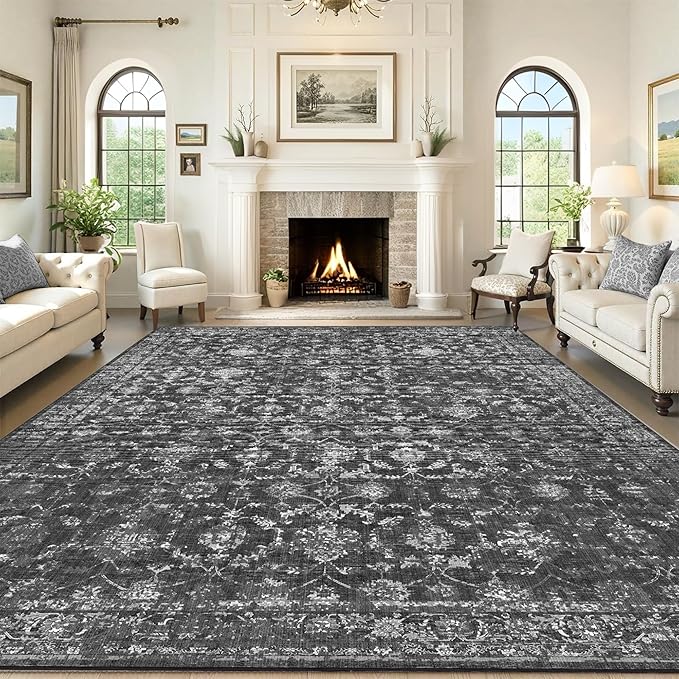 Washable Area Rug 9x12 Black Rugs for Living Room, Vintage Boho Large Rug for Bedroom Dining Room Office, Distressed Floral Print Carpet for Under Table, Soft Non Slip Low Pile Throw Carpet Indoor Mat